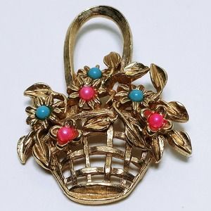 Vintage Flower Basket Brooch 2" Gold Flower Pinks & Blue Beads (jb3)
